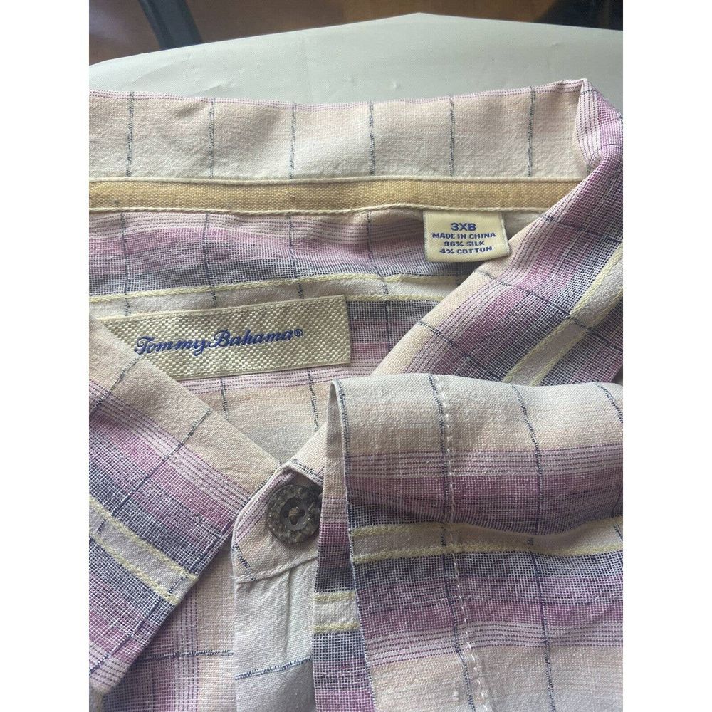 Men's Tommy Bahama Peach Plaid Silk Blend Short Sleeve Shirt-Size 3XL